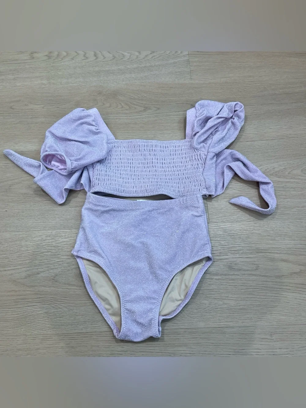 Girls' Shimmery Lilac Two-Piece Swim Set with Puff Sleeves